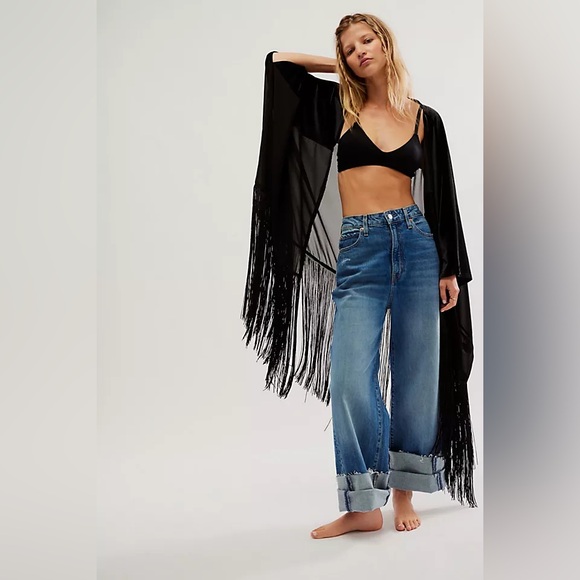 Free People Jackets & Blazers - Free People Velvet Fringe Poncho Kimono